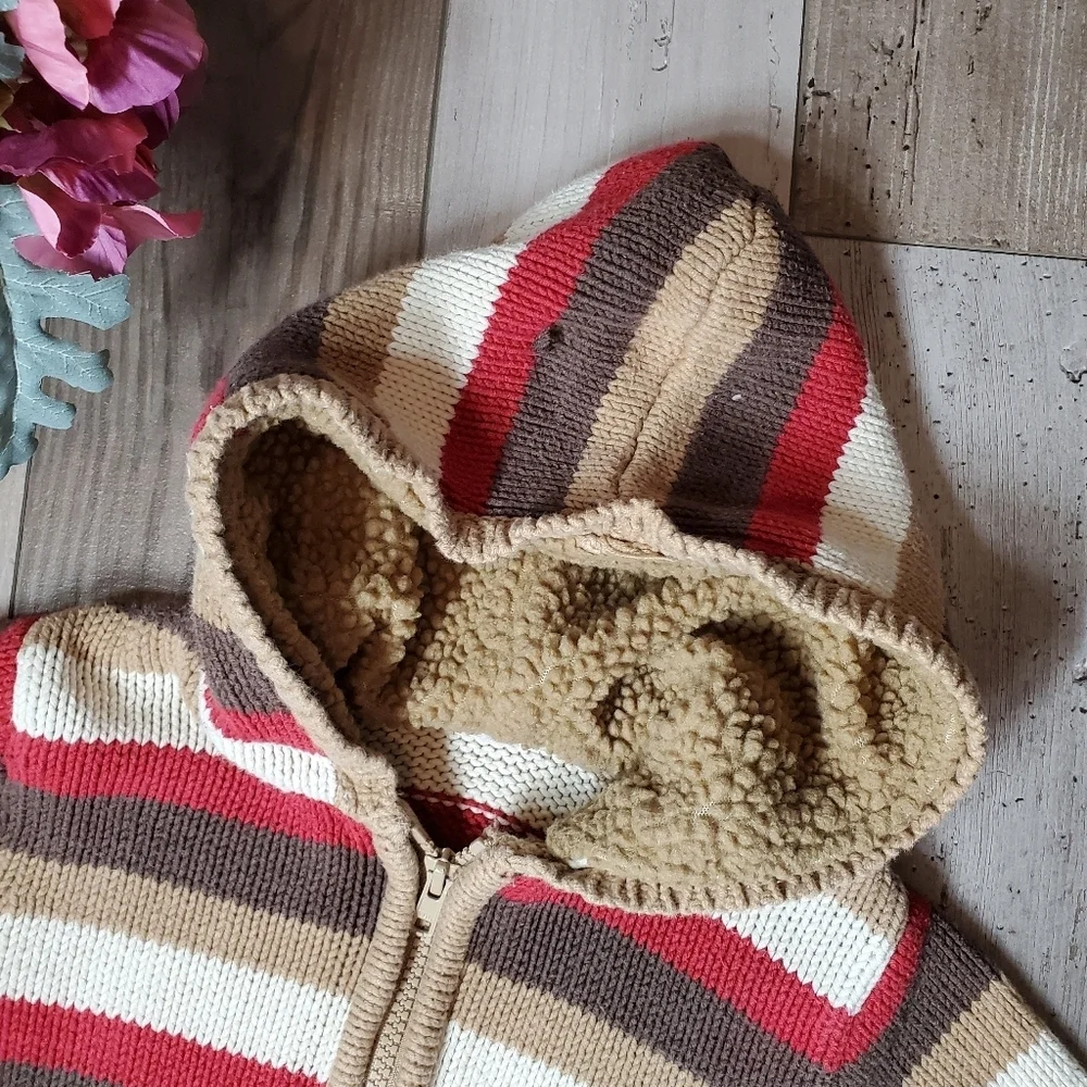 Gymboree 2009 Hooded Knit Striped Winter Sweater Full-Zip Brown Red Vintage